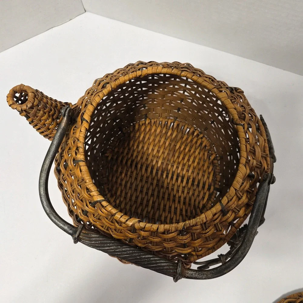 Rustic Woven Wicker Teapot Basket with Metal Leaf Vine Detail and Lid Brown